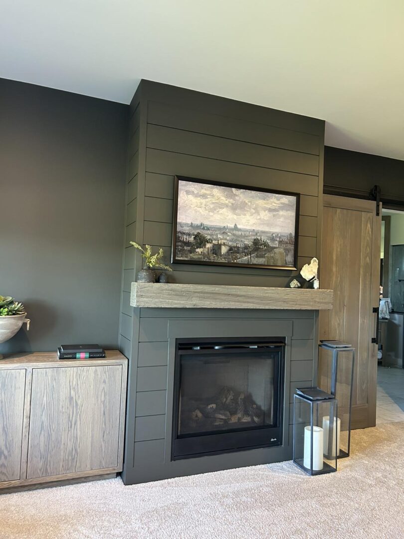 Modern living room with a sleek fireplace.