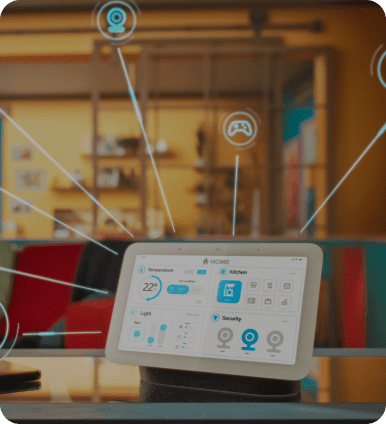 Smart home device displaying energy usage in a cozy room.